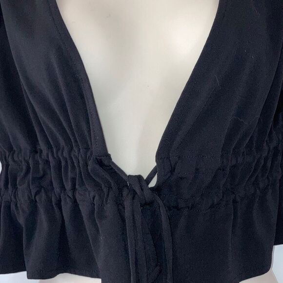 Crop Top Black Peplum Tie Front Babydoll Short Sleeve FOREVER 21 Womens Medium - Picture 3 of 10